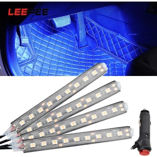 LEEPEE 4 In 1 9 LED Auto Decorative Lamp Car Interior Atmosphere Lights Ambient Foot Strip Lights Cigarette Lighter Adapter