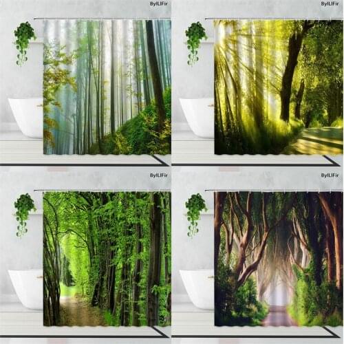 Misty Forest Landscape Shower Curtains Green Sunshine Jungle Natural Scenery Home Decor Background Waterproof Bath Curtain Sets