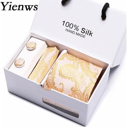 Yienws Gold Silk Ties for Men Corbatas Fashion Jacquard Necktie Sets Man Uniform Business Wedding Corbatas Para Hombre YiG054