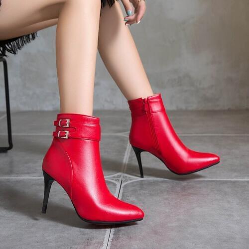 YQBTDL 2020 Autumn Winter Pointed Toe Sexy High Heel Boots Double Buckle Strap Yellow Black Red Ankle Stiletto Boots Woman Shoes