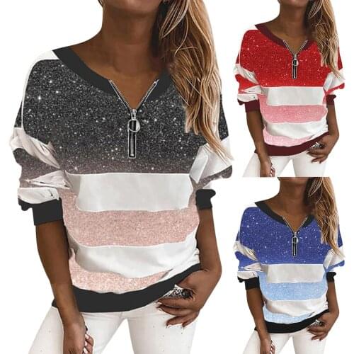 Women Long Sleeve Loose Deep V-neck Zipper T-Shirt Casual Stripe Printing Blouse Top Solid Color All-match Lovely Girls T-shirt
