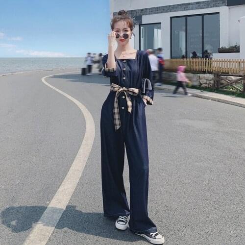 2021 Summer Tencel Denim Splice Jumpsuit Women Fashion Square Collar Slim Casual Wide Leg One Piece Pants Sets Bandage Overalls
