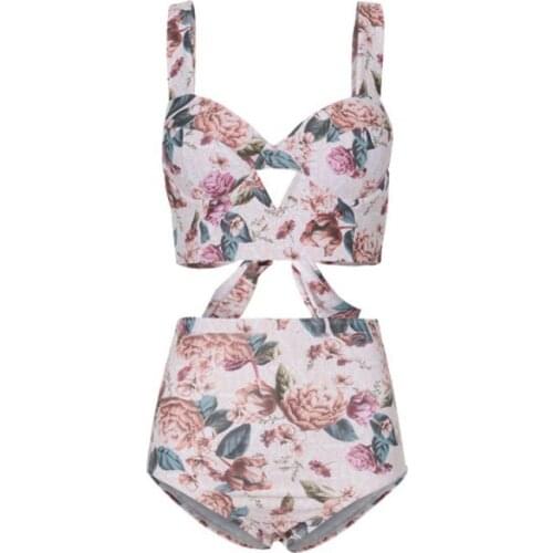 Ladies Retro Bikini Set Floral Print Swimsuits Sexy Camisole And Panty Two Piece Beachwear Bathing Suit With Bow