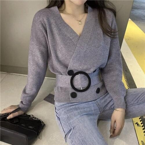2021 Fall Winter Womens Long Sleeve V-Neck Sweater Korean Style Temperament Waist Office Knitted Double Breasted Blouse Tops