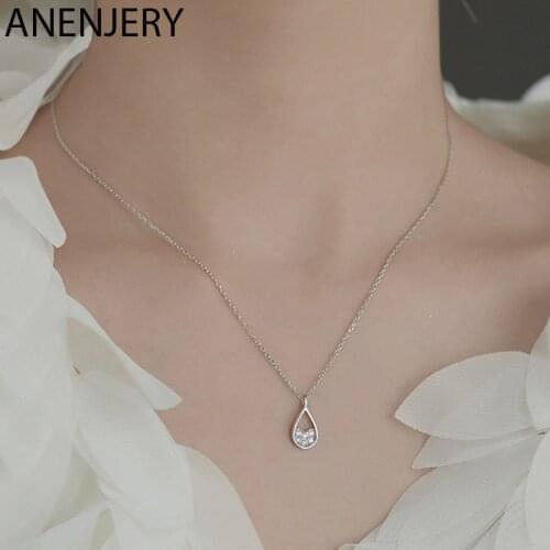 ANENJERY 925 Sterling Silver Water Drop Zircon Necklaces for Women Simple Clavicle Chain Accessories Girlfriendss Gift
