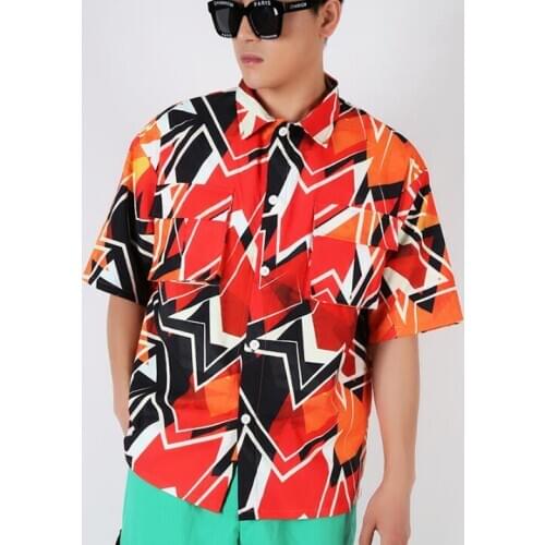 2020 new abstract geometric cool mens shirt hip hop loose summer shirt tooling short sleeve tide mens shirt