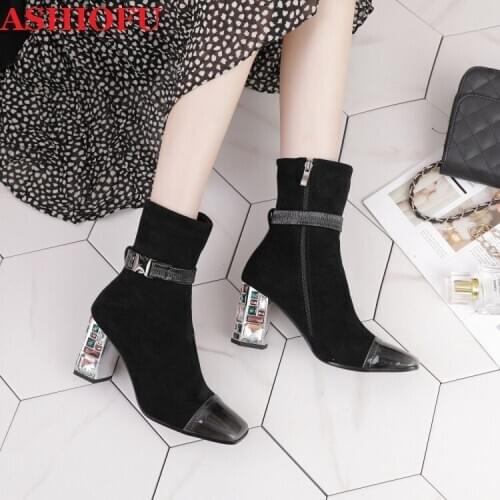 ASHIOFU New 2020 Handmade Ladies High Heels Boots Real Leather Suede Party Prom Ankle Booties Buckle-deco Evening Fashion Boots