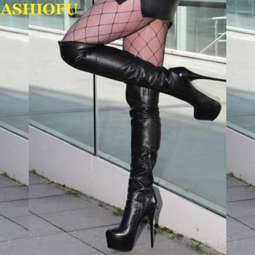 ASHIOFU New Handmade Womens Knee High Boots Sexy Platform Striper Club Party Boots Large Size Fashion Evening Winter Boots Shoes