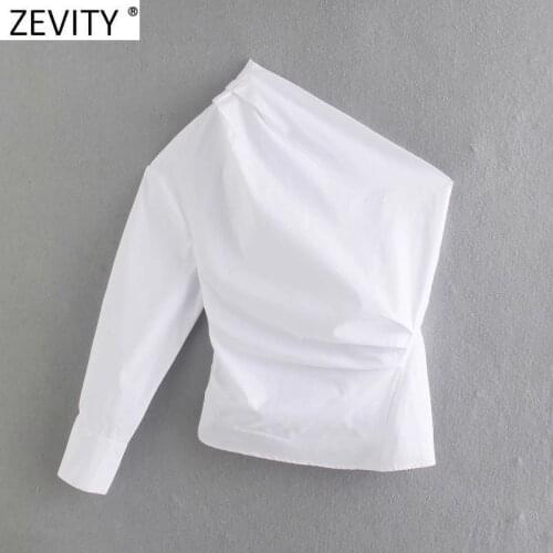 New Women Fashion One Shoulder Asymmetrical Pleated Shirt Female Skew Collar Slim White Poplin Blouse Roupas Chemise Tops LS9202