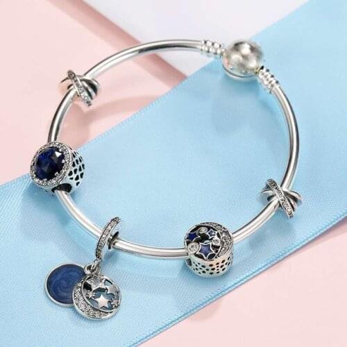 Genuine 925 Sterling Silver Fashion Round Button With Star Charm Bracelet Fit Original Pan Charm Female Diy Jewelry