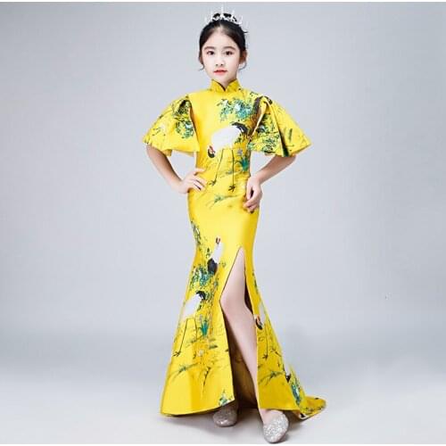 Girl In National Customs Go Display Tailing Full Dress Improvement Cheongsam Noble Children Evening Dress Host Show Serve