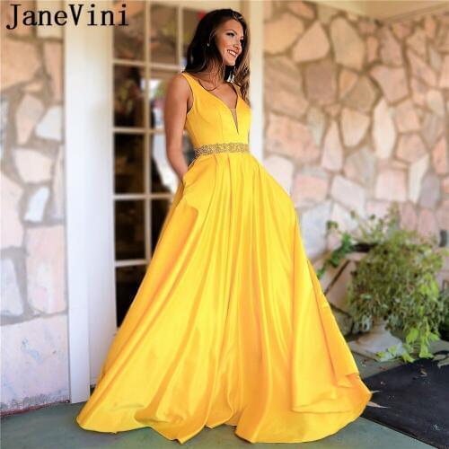 JaneVini Elegant A Line Yellow Prom Dresses with Pockets 2019 V Neck Beaded Backless Plus Size Satin Prom Party Gown Gala Jurken