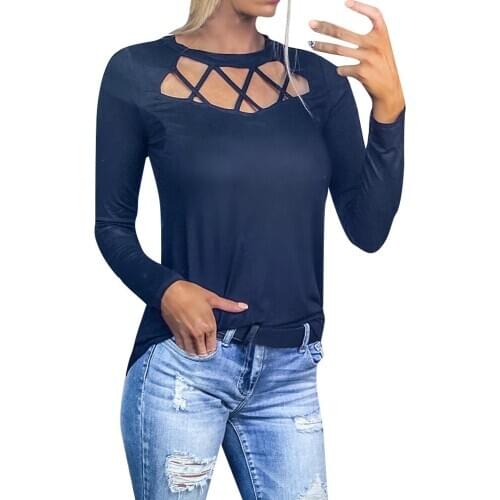 Sexy T-Shirts Women New Fashion O-Neck Hollow Out Cross Strap Long Sleeve Solid Casual Tshirts Spring Autumn Loose Pullover Tops