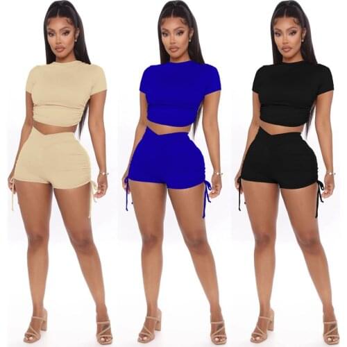 Spring Summer Solid Drawstring Two Piece Set Women Short Sleeve Tshirt Shorts Sets Tracksuits Sportswear Lounge Wear Streetwear