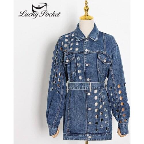 Women Autumn Fashion New Solid Color Loose Hollow Out Denim Jacket Female White Slim Sashes Outerwear Ladies Spliced Coats ML239