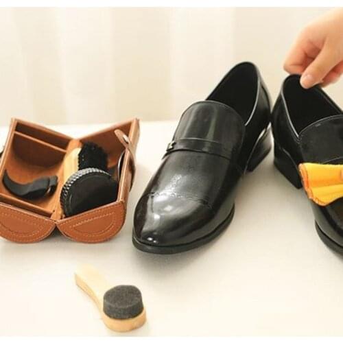 97BC Leather shoes care set of 6 pieces, shoehorn, shoe polish, shoe brush, cleaning cloth, sponge brush, sponge wipe
