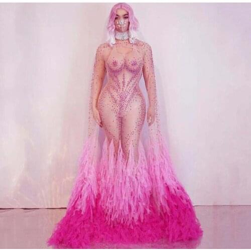 Evening Party Women Singer Models Stage Catwalk Pink Rhinestones Tassel Mermaid Dresses Birthday Prom Mesh Floor-length Dress