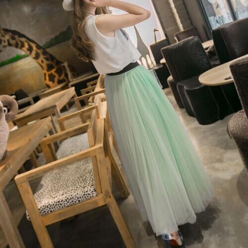 FairyShely 2020 Tulle Pleated Long Skirt Women Summer Elastic Band High Waist Irregular Mesh Lace Warm Skirt Black Office Skirt