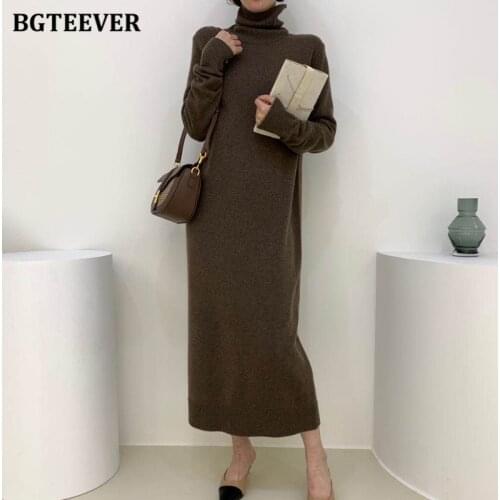 BGTEEVER Casual Thick Loose Women Turtleneck Knitted Mid-Calf Dress 2020 Winter Warm Straight Sweater Vestidos Femme