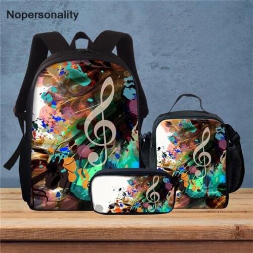 Nopersonality Music Notes Pattern 3pcs School Backpack for Girls Boys Primary Students Book Bag with Lunch Food & Pen Set