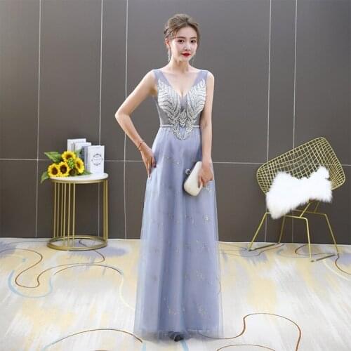 Evening Dress V-Neck Fashion A-Line Zipper Back Appliques Floor-length Sleeveless New Plus size Women Formal Party Dresses C1284
