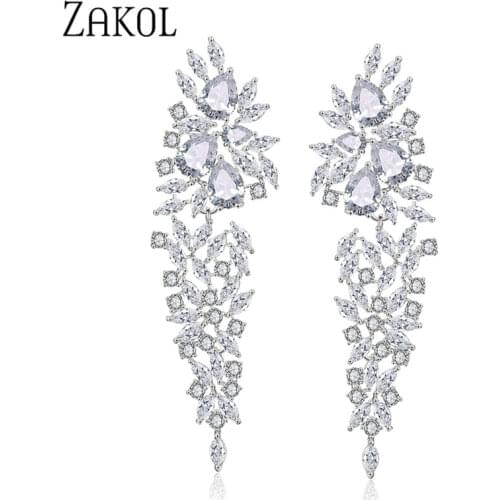 ZAKOL Luxury Marquise Cut Cluster Zirconia Crystal Long Dangle Earrings Shiny Leaf Bridal Wedding Jewelry for Women FSEP2262