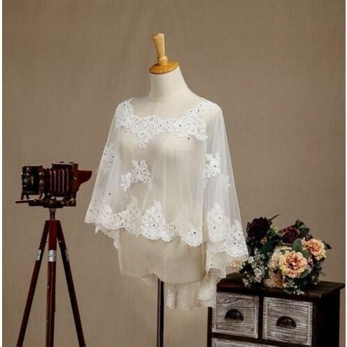 Ivory Lace Bridal shawl Lady Summer Fall shrug Wedding dress crystal Cape Party Evening Jacket wrap