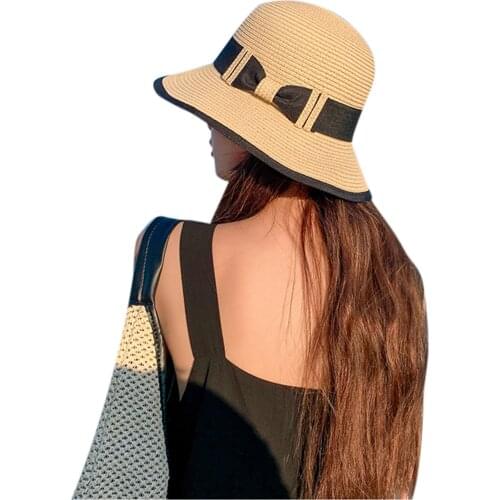 Women Sunshade Wide Brims Straw Sun Hat Outdoor Summer Sunscreen Beach Cap Solid Color Bowknot Lovely Girls Holiday Shading Hat
