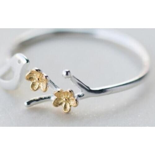 Sole Memory Cute Bird Branch Fresh Versa Fashion 925 Sterling Silver Female Resizable Opening Rings SRI254
