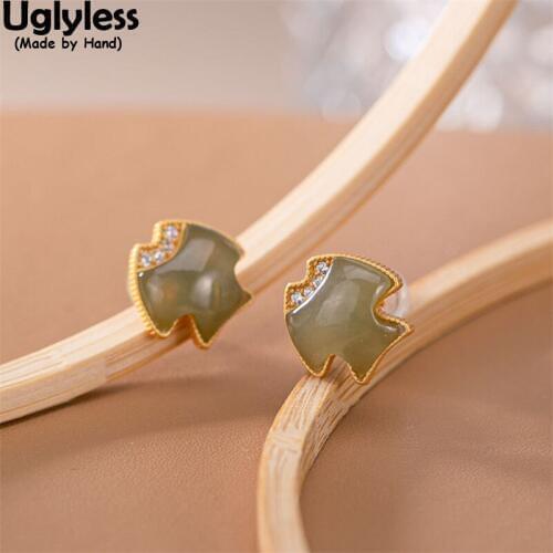 Uglyless Novel Designer Tropical Batfish Earrings for Women Nature Jade Fishes Studs Earrings Gold 925 Silver Brincos MINI Jewel