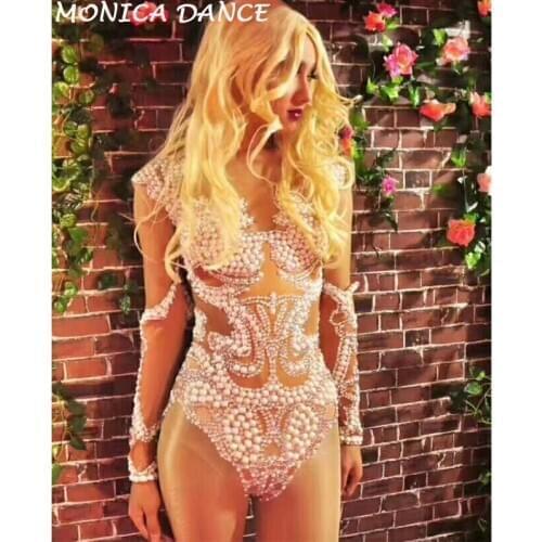 Women Sexy Pearls Dance Costume Long Sleeve Bodysuit Womens Outfit Pary Celebrate Bodysuit Nightclub Female Singer Leotard Wear