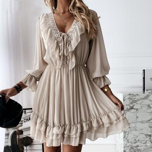 WYWMY Sexy Lace Womens Party Dress Elegant Long Sleeve Ruffle Chiffon White Dress Summer V Neck Ladies Wedding Clothing 2021