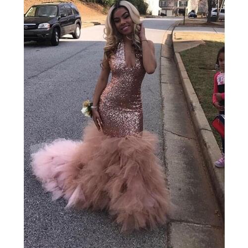 Vestido de gala Sexy Black Girls Mermaid Pink Prom Dresses 2021 Sequined African Ruffled Train Long Formal Evening Party Gowns