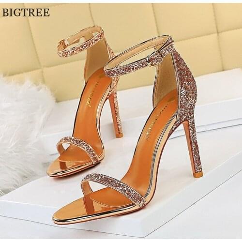 2021 Glitter Sequined Cloth Women Sandals Summer Open Toe High Heels Gladiator Shoes Narrow Band Female Sexy Party Wedding Pumps