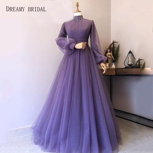 Lavender Long Sleeves Celebrity Dresses Elegant High Neck Middle East Red Carpet Gowns Muslim Princess Organza Oscar Robes