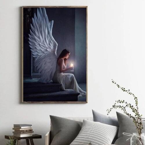 Angel Pray Shooting Art Canvas Painting Girls Holding Candle Poster Print Aesthetic Pictures for Living Room Home Decor Cuadros