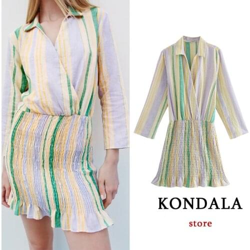 KONDALA Za 2021 Chic Striped Vintage Print Pleated Mini Dress V Neck Long Sleeve Fashion Autumn Sheath Dress Elegant Vestidos