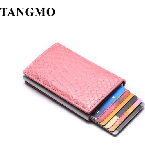 TANGMO 2021New Women Wallet Blocking Rfid PU Leather Vintage Credit Card Holder Unisex Antitheft Security Aluminum Metal Purse