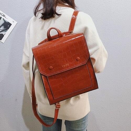 Fashion School Bag for College Girl Double Shoulder Pack Vintage Stone Pattern Pu Leather Womens Backpack