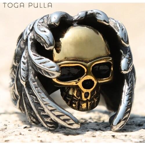 Fashion Vintage Gothic Steampunk Wings Skull Ring Men Boys Stainless Steel Biker Skull Rings Cool Man HipHop Jewelry