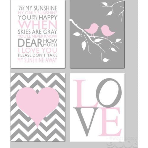 Cartoon Chevron Print Canvas Art Print, Sunshine Quote Wall Pictures For Nusery Room Decoration, set of 4