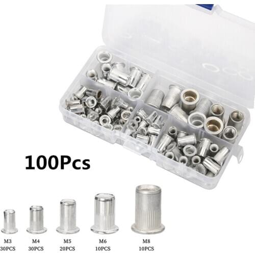 100PCS Aluminum Multi Size Flat Head Rivet Nuts Set M3 M4 M5 M6 M8 Rivet NutsInsert Rivets
