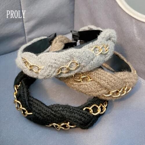 PROLY New Fashion Women Turban Autumn Woolen Alloy Chain Braid Headband Adult Cross Knot Broad Side Hair Hoop Headwear Winter
