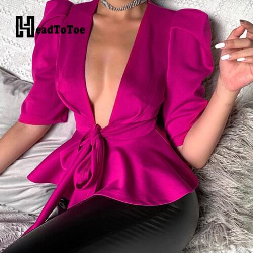 Solid Sexy Deep V Neck Lace Up Blouse Tops Women Half Sleeve Ruffles Slim Tops