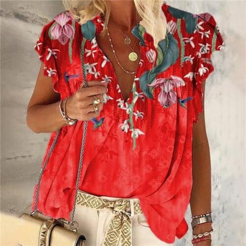 Oversized Ladies Tops Women Plus Size Floral 3D Print T Shirt Loose V-Neck Short Sleeve Casual Tee Top Summer New Streetwear