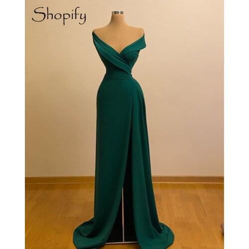Simple Long Evening Dress 2021 A-line Off The Shoulder High Slit Emerald Green Party Night Dubai African Women Formal Gowns