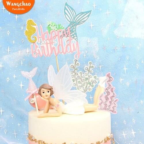 Colorful Mermaid Theme Cake Topper DIY Fish Tail Summer Cake Decoration Kids Favor Happy Birthday Cake Decoration Party Supplies