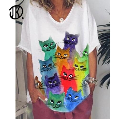 Cute Cat Top For Woman Short Sleeve Animal Print T-shirt Loose Casual V-Neck Fashion Pullover Tops Female Plus Size T Shirts Tee