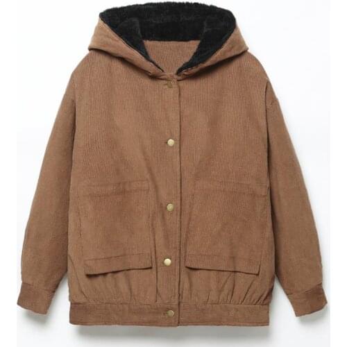 Plus Fleece Corduroy Jacket Womens Short Fall Winter 2020 New Plus Size Hooded Loose Plus Fleece Winter Feminine Clothing L43