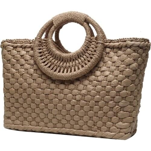 Bohemian Women Summer Beach Woven Straw Handbag with Round Top Handle Travel Vacation Weave Zipper Large Tote Bag Basket